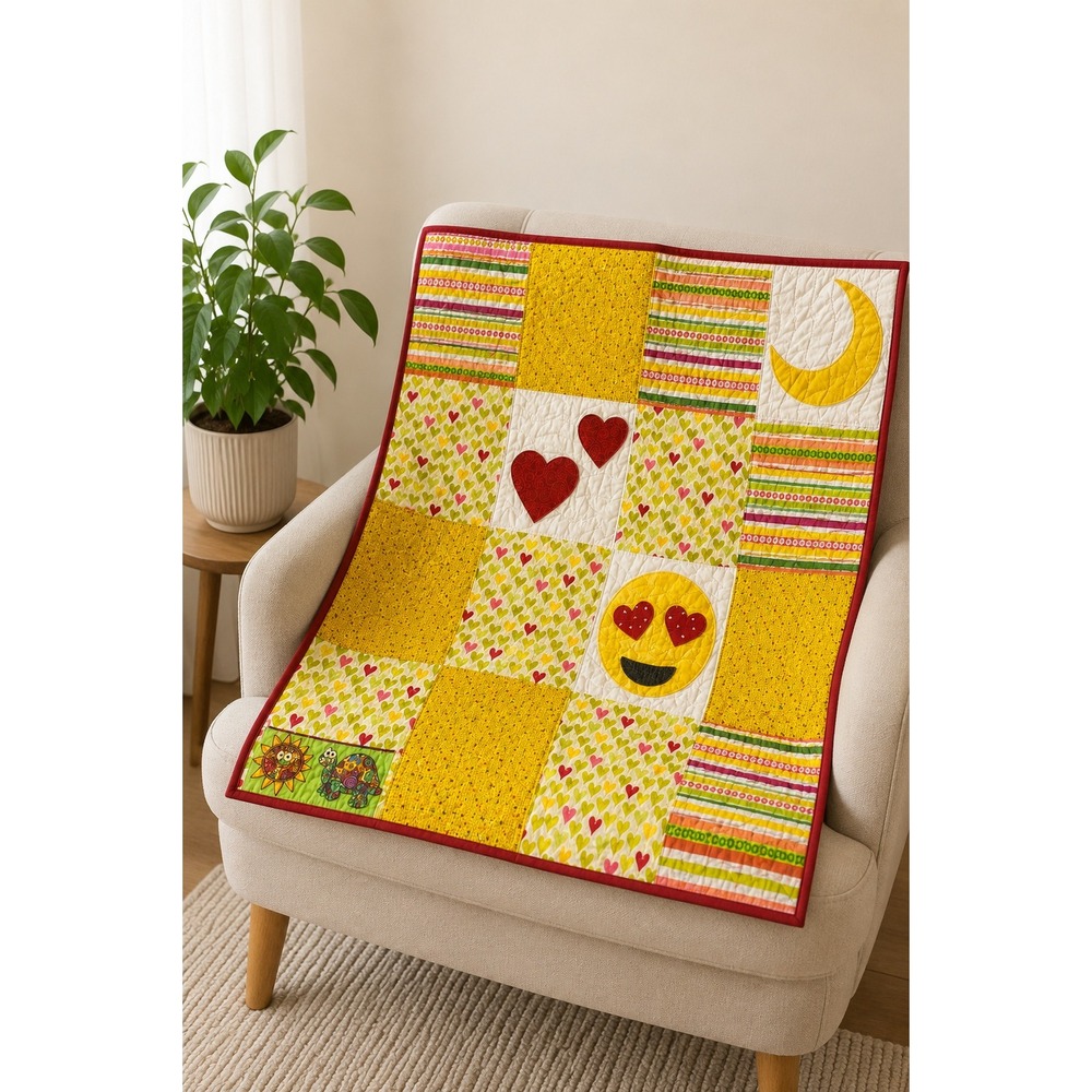 Handmade Baby Quilt Patchwork Heart Eyes Emoji Applique Turtles Red Yellow 35x34